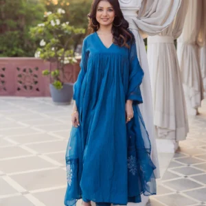 Desi Blue Embroidered Chanderi Suit Set