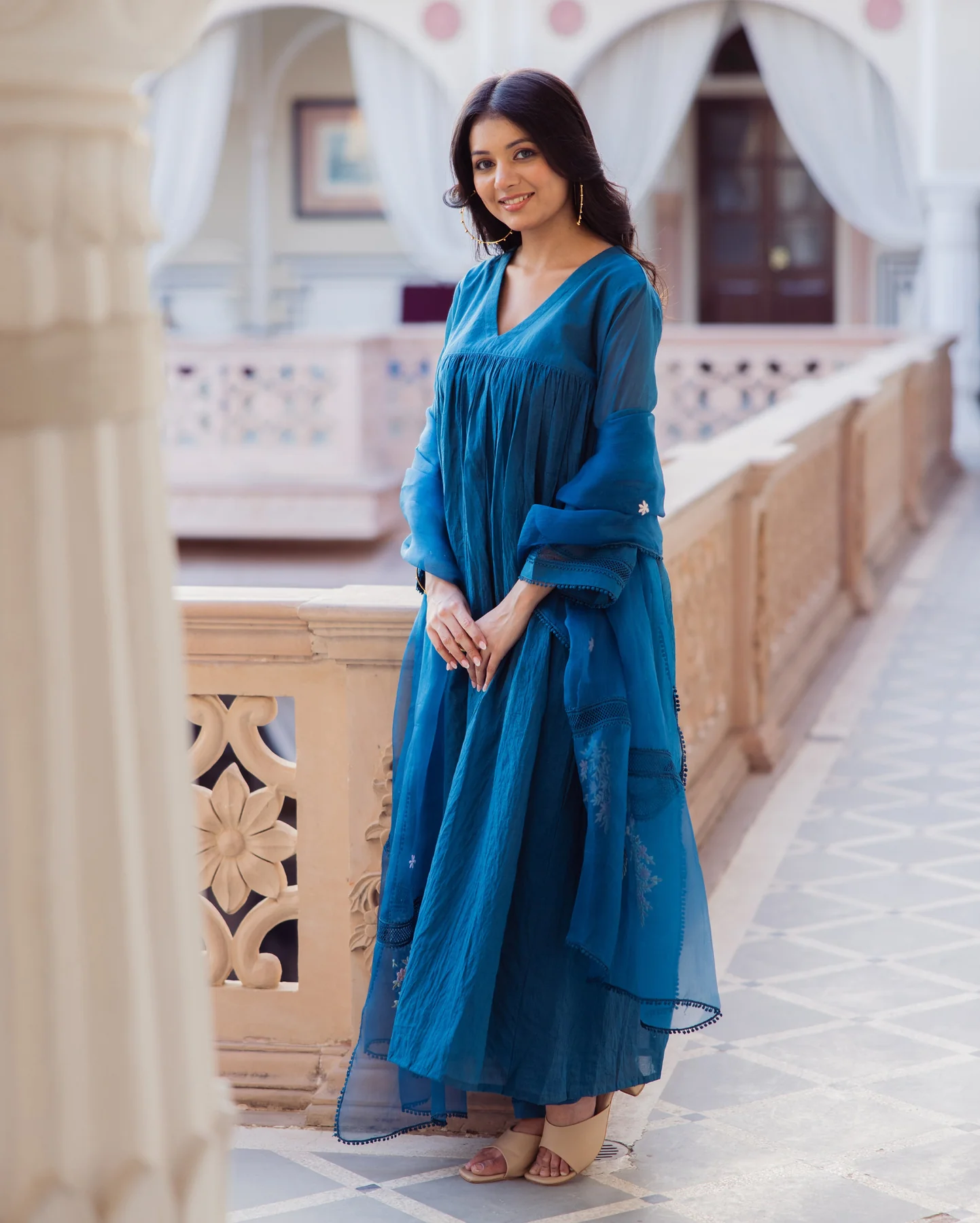Desi Blue Embroidered Chanderi Suit Set - Image 7