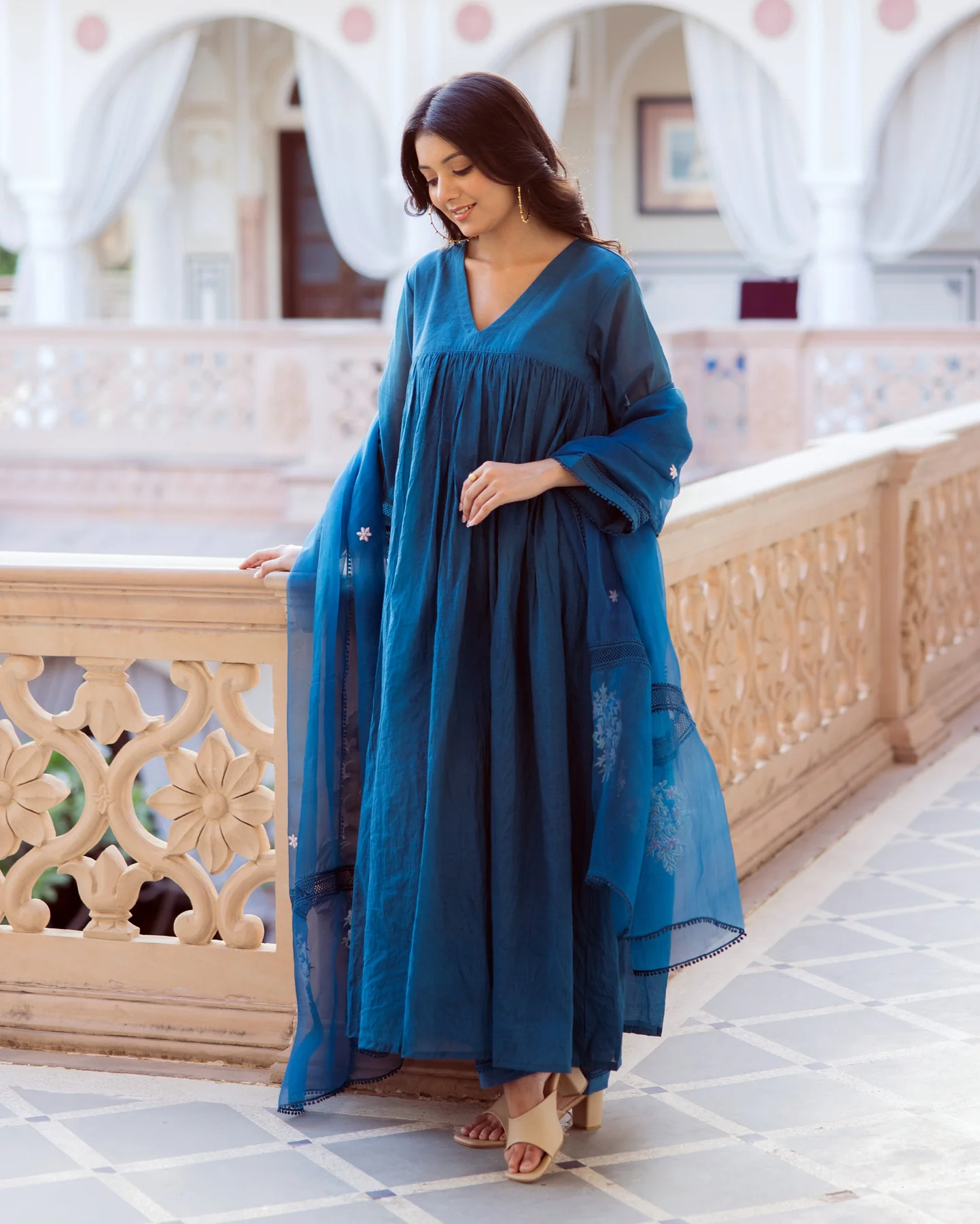 Desi Blue Embroidered Chanderi Suit Set - Image 6