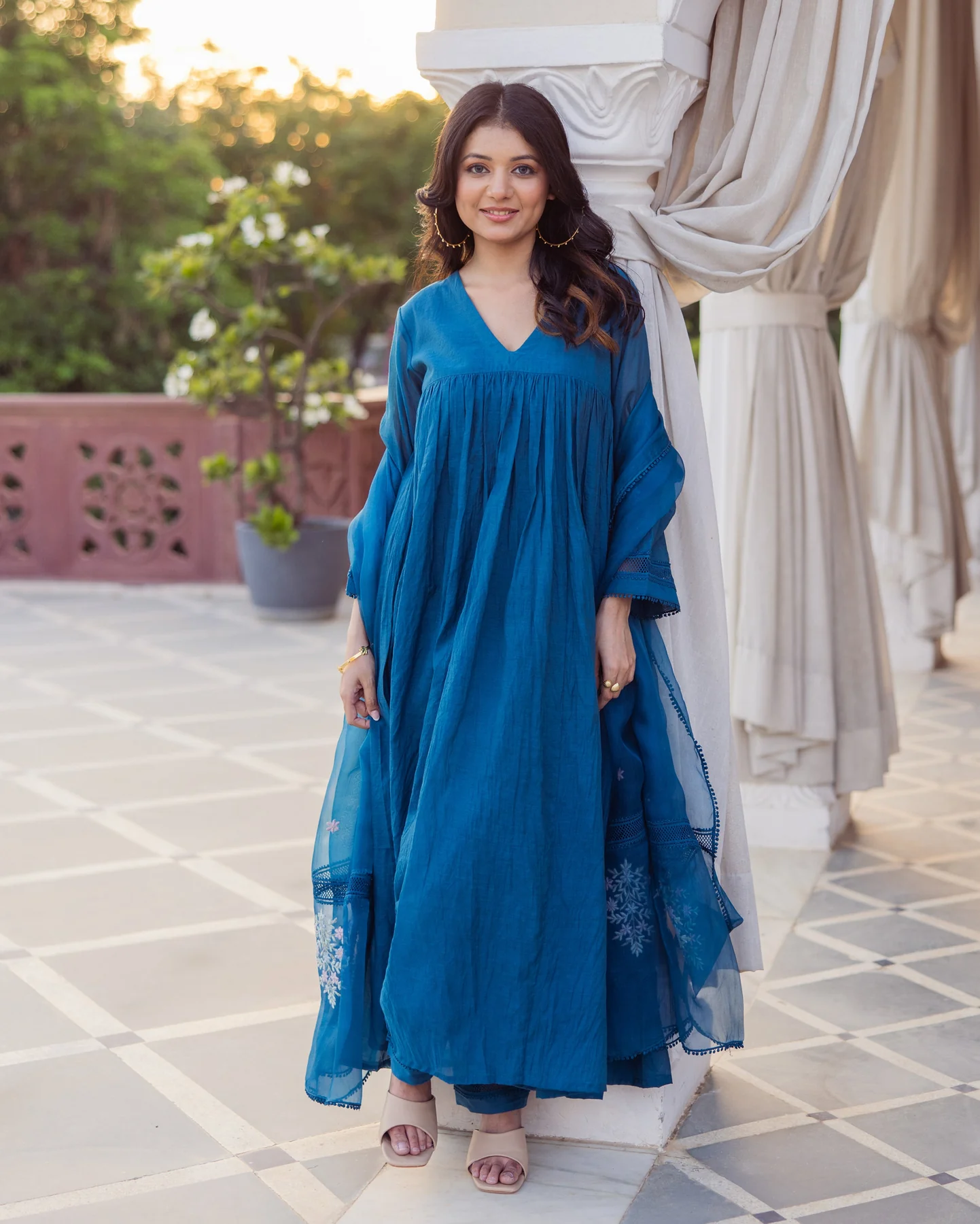 Desi Blue Embroidered Chanderi Suit Set - Image 2